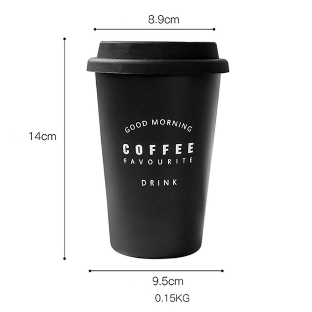 Black coffee cup with text and measurements on a white background