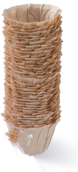 Stack of brown paper cups on a white background