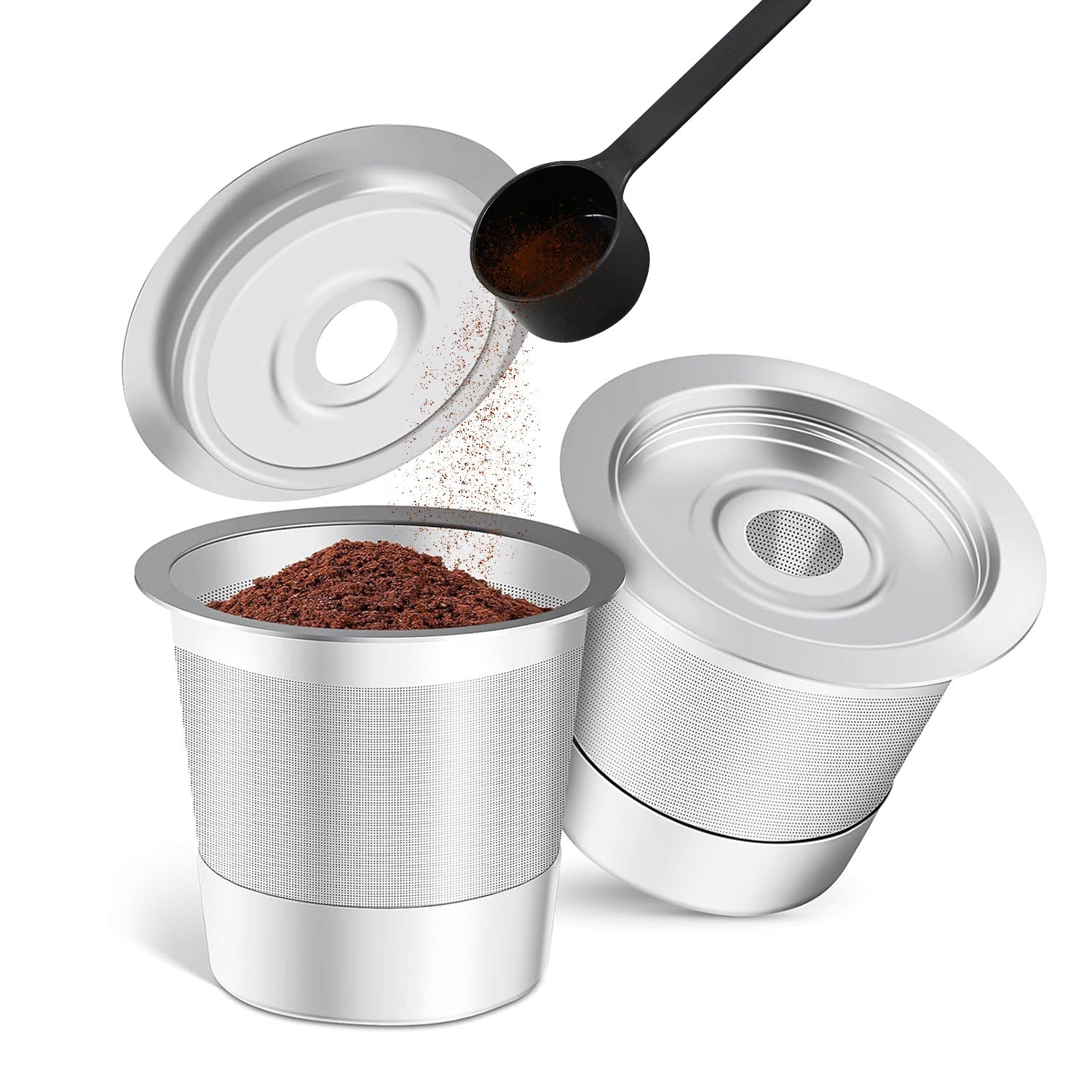 Reusable coffee filter with ground coffee and a scoop on a white background