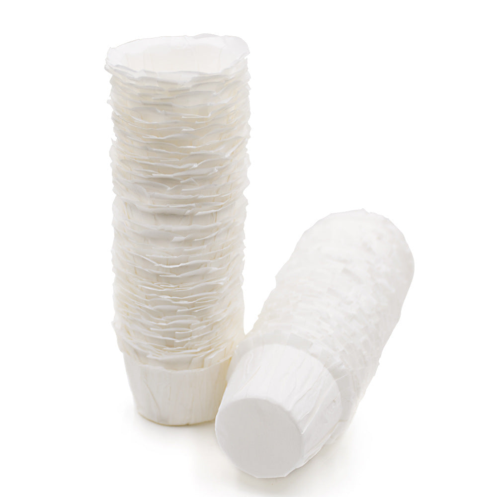 Stack of white paper cups on a white background