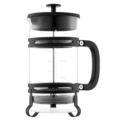 Borosilicate glass french press with a black handle and design