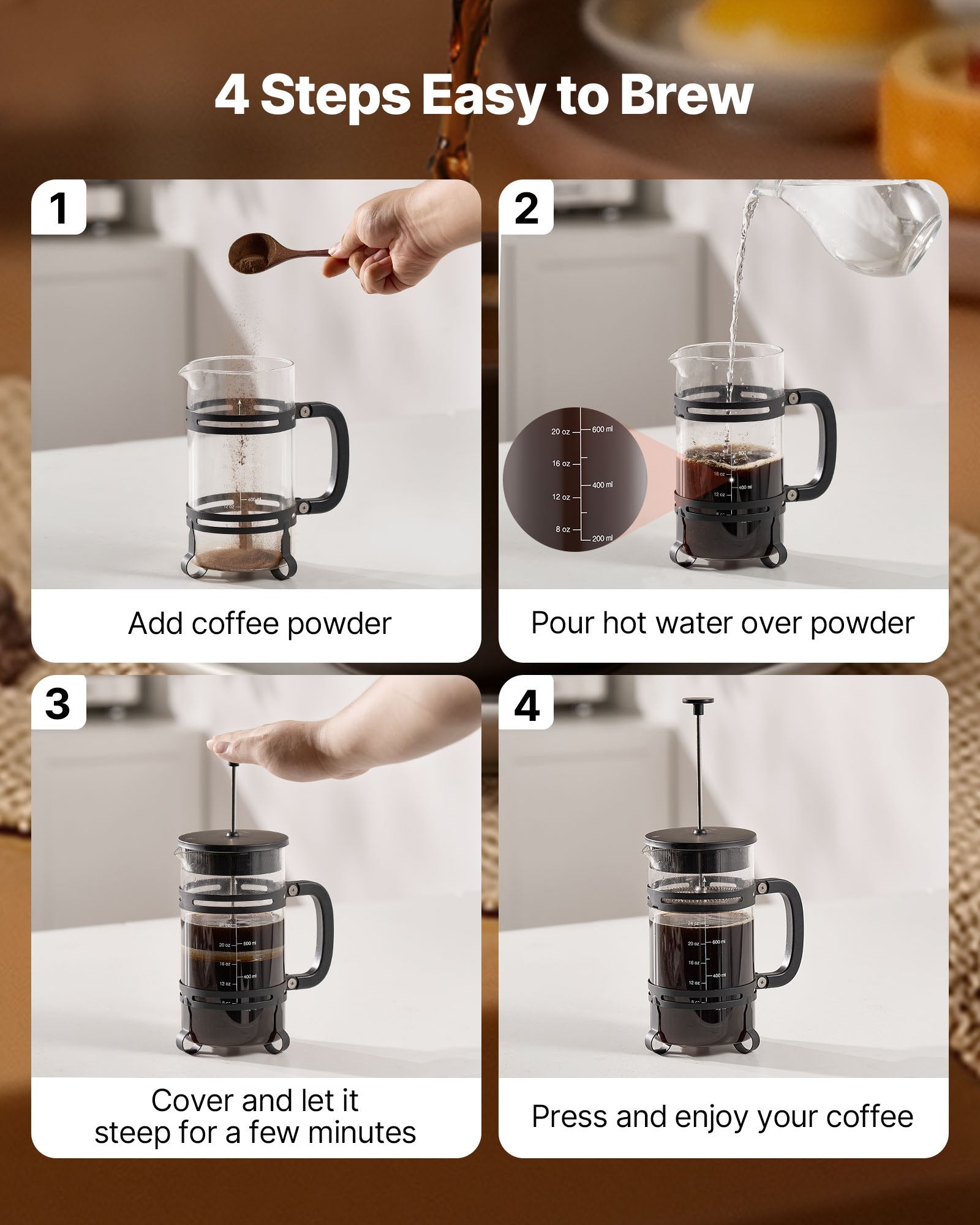 Step-by-step guide on how to brew coffee using a French press.