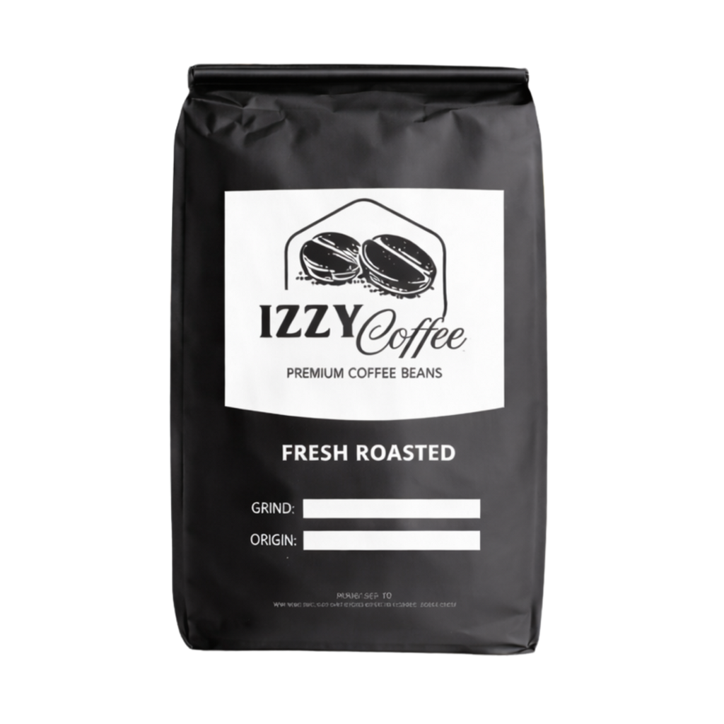 Black bag of Izzy Coffee with a white label on a white background