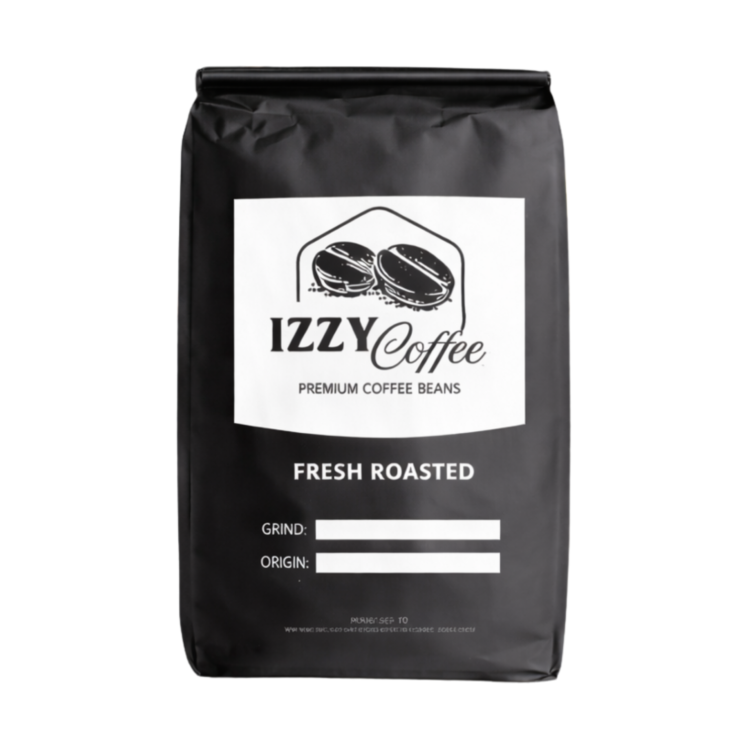 Black bag of Izzy Coffee with a white label on a white background