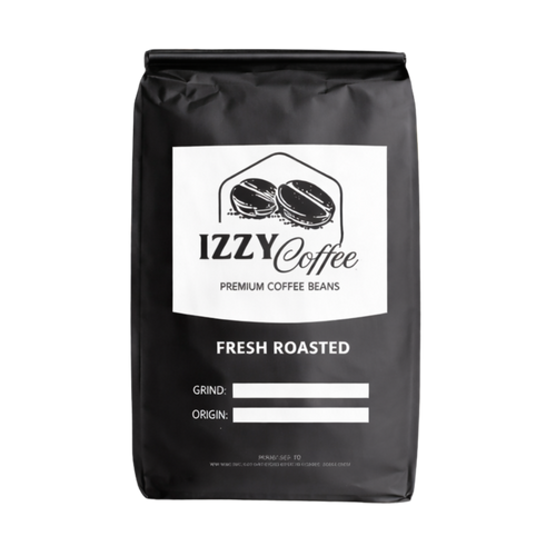 Black bag of Izzy Coffee with a white label on a white background