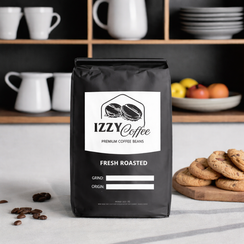 Izzy Coffee with coffee beans and cookies on a table