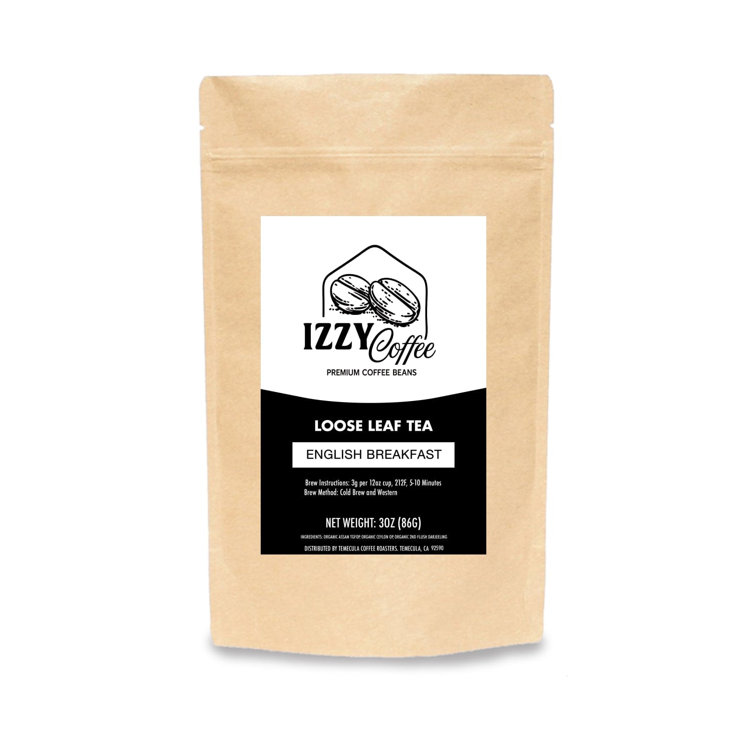 Kraft paper packaging of IZZY Coffee English Breakfast loose leaf tea on a white background