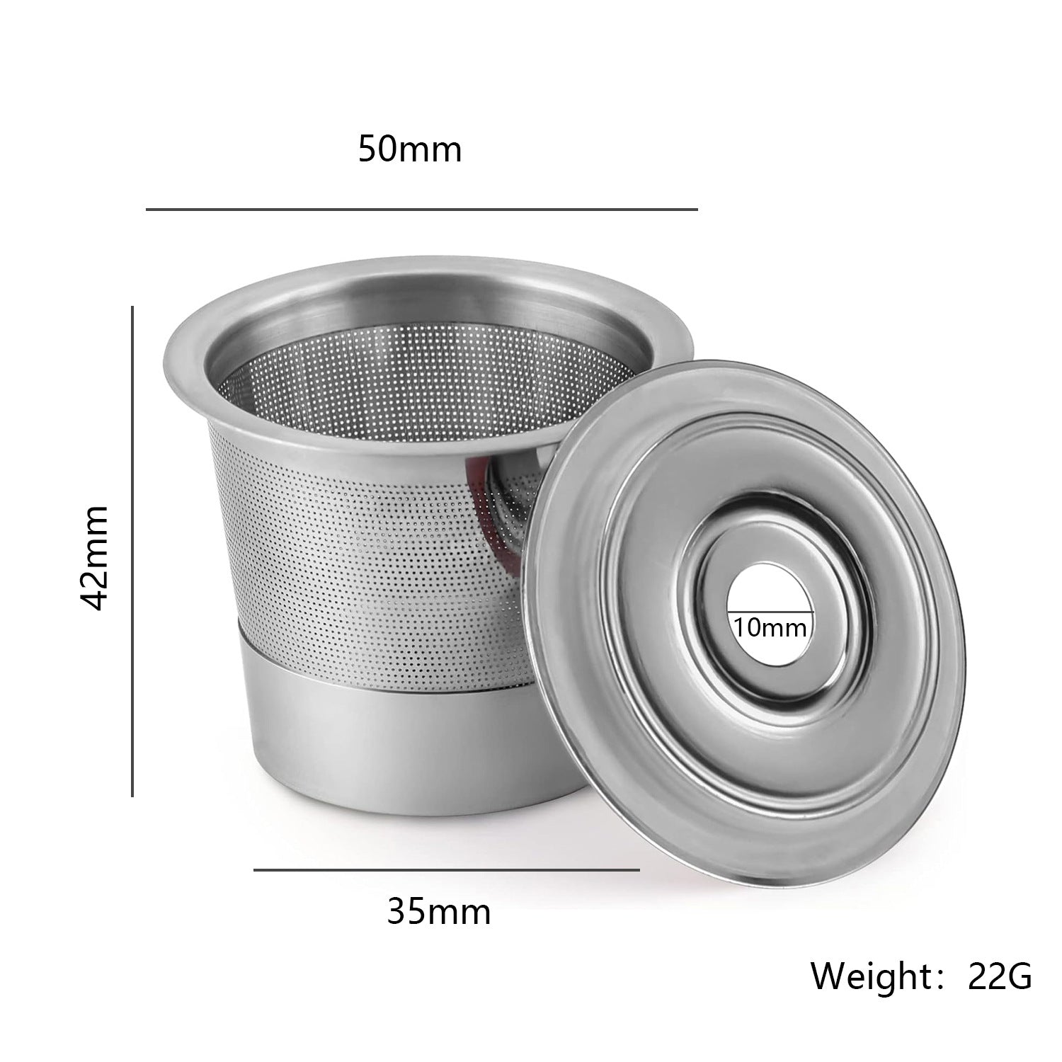 Stainless steel filter with dimensions and weight on a white background