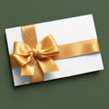 White gift card with a gold ribbon on a green background